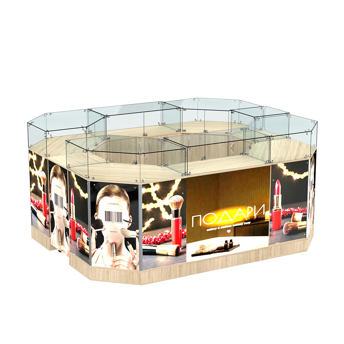 Торговый островок со световым коробом и узким выкатным прилавком №1-1 (6,28 кв. м) Дуб сонома