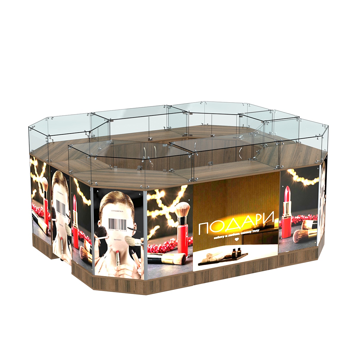 Торговый островок со световым коробом и узким выкатным прилавком №1-1 (6,28 кв. м) Орех