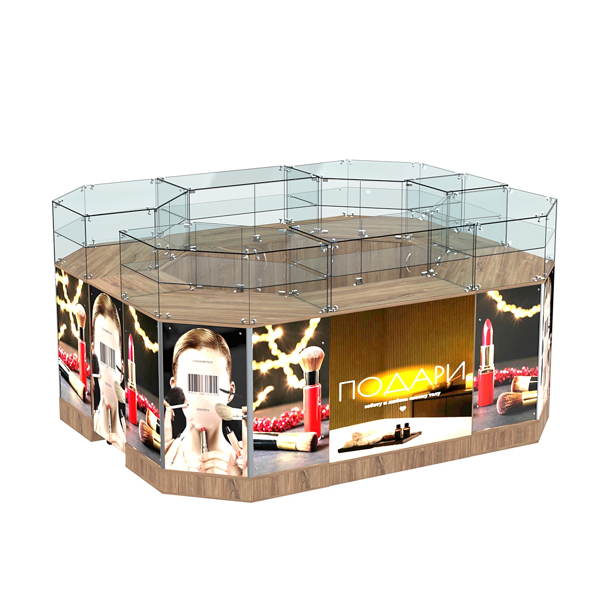 Торговый островок со световым коробом и стеклянными полками №1-2 (6,28 кв. м) Дуб Канзас коричневый