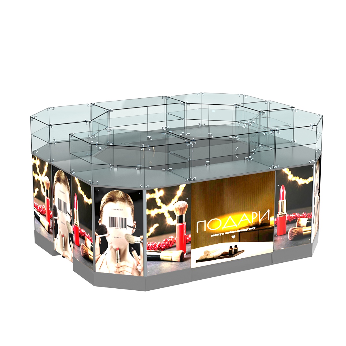 Торговый островок со световым коробом и стеклянными полками №1-2 (6,28 кв. м) Темно-Серый