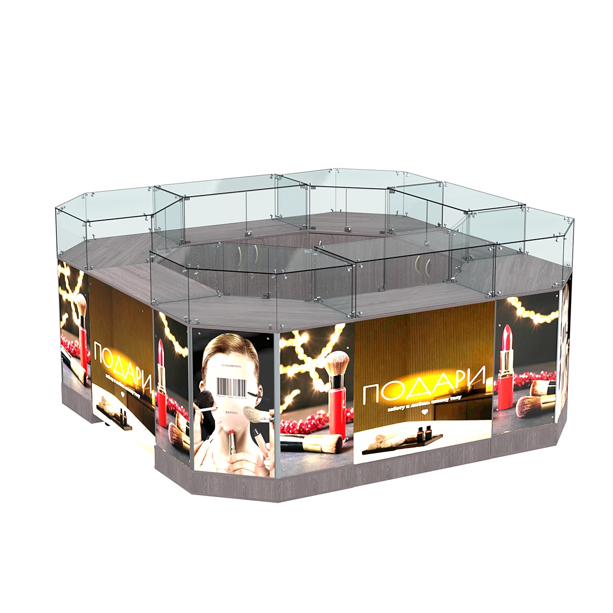 Торговый островок со световым коробом и прозрачным верхом №2-1 (7,66 кв. м) Ясень Анкор темный