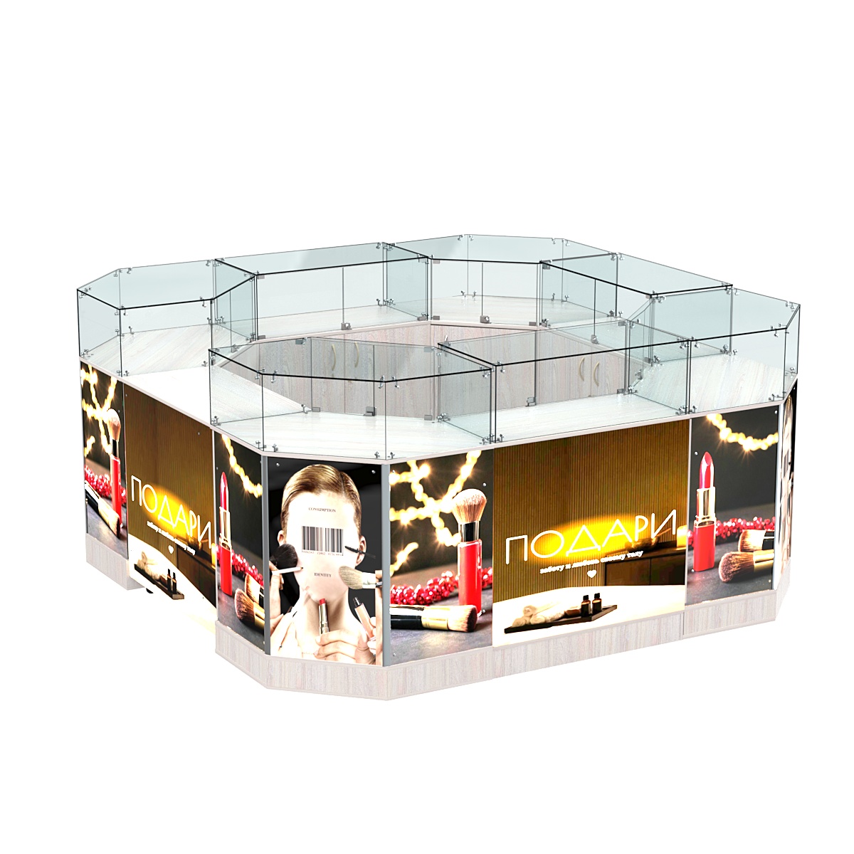 Торговый островок со световым коробом и прозрачным верхом №2-1 (7,66 кв. м) Ясень Анкор светлый