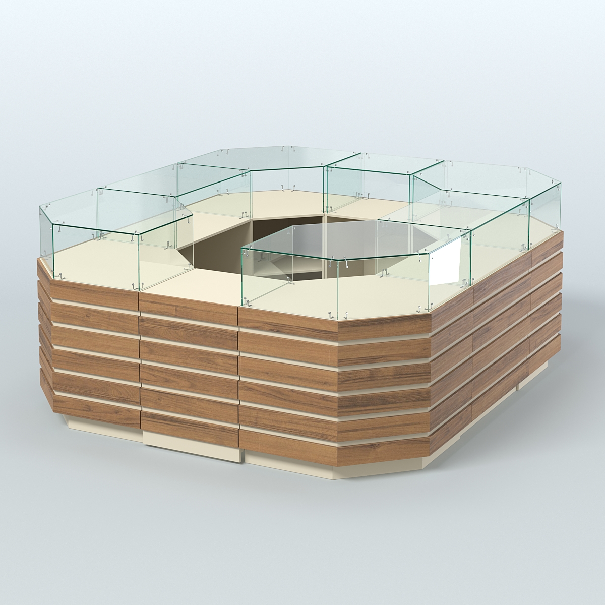 Торговый островок с декоративными накладками №1 равносторонний (6,48 кв.м) Крем Вайс + Орех