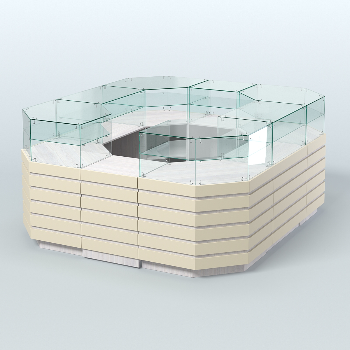 Торговый островок с декоративными накладками №2 восьмиугольный (6,48 кв.м) Ясень Анкор светлый и Крем Вайс