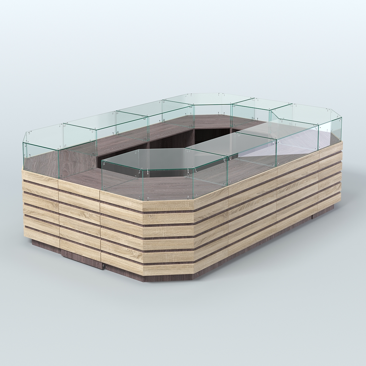 Торговый островок с высоким накопителем и декоративными накладками №3 (8, 64 кв.м) Ясень Анкор темный и Дуб Сонома