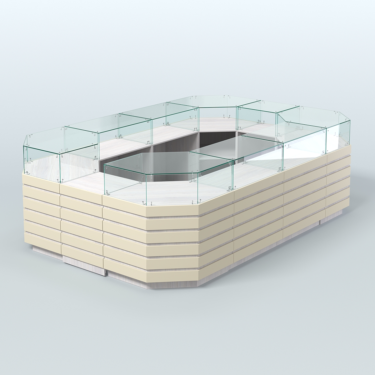 Торговый островок с высоким накопителем и декоративными накладками №3 (8, 64 кв.м) Ясень Анкор светлый и Крем Вайс