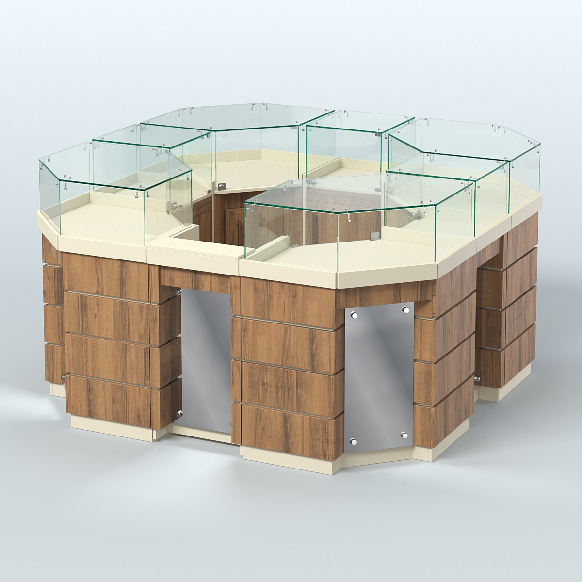 Торговый островок GOLD с зеркальным фасадом восьмиугольный №2-1 (4,04 кв.м) Крем Вайс + Орех