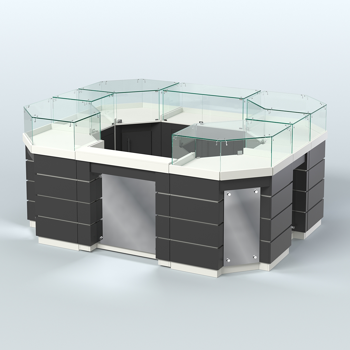 Торговый островок GOLD с зеркальным фасадом и дверками №3-1 (4,94 кв.м) Белый и Черный