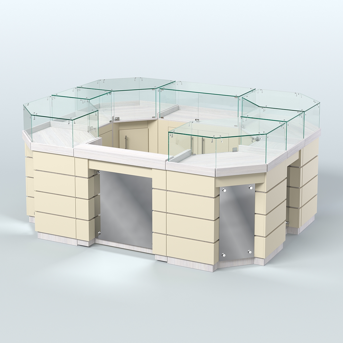 Торговый островок GOLD с зеркальным фасадом и дверками №3-1 (4,94 кв.м) Ясень Анкор светлый и Крем Вайс