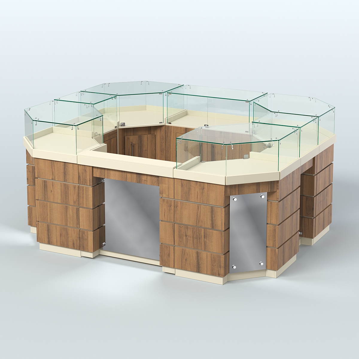 Торговый островок GOLD с зеркальным фасадом и дверками №3-1 (4,94 кв.м) Крем Вайс + Орех