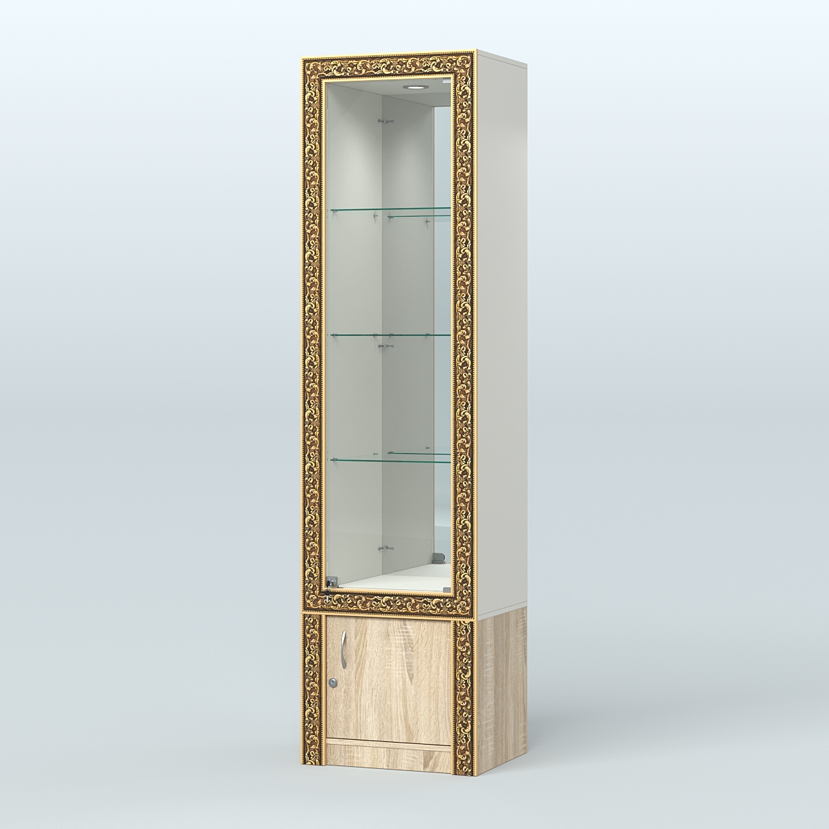 Витрина зеркальная с декором №ВБА-4 Белый + Дуб Сонома