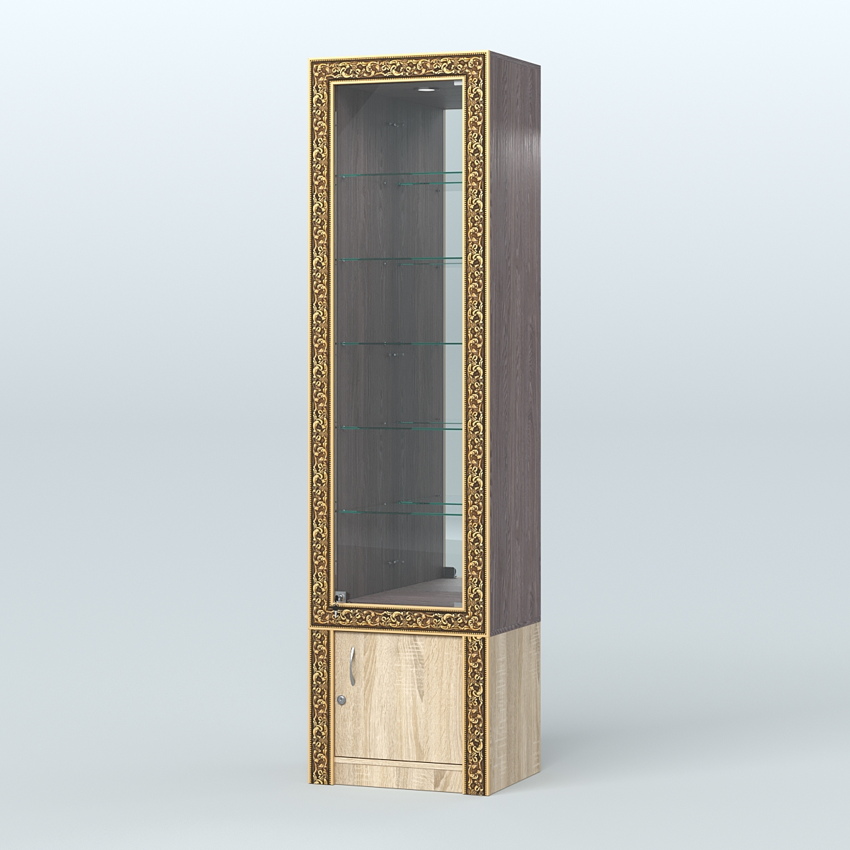 Витрина с декором и верхней подсветкой №ВБА-504 Ясень Анкор темный и Дуб Сонома