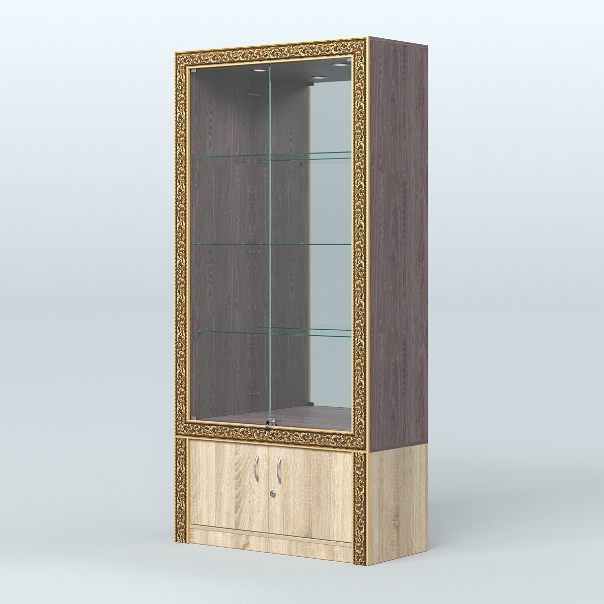 Витрина с декором и зеркалом №ВБА-3 Ясень Анкор темный и Дуб Сонома