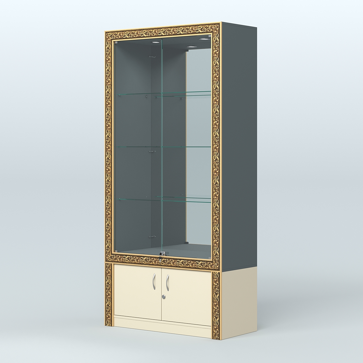 Витрина с декором и зеркалом №ВБА-3 Темно-серый и Крем Вайс U2601-U2236