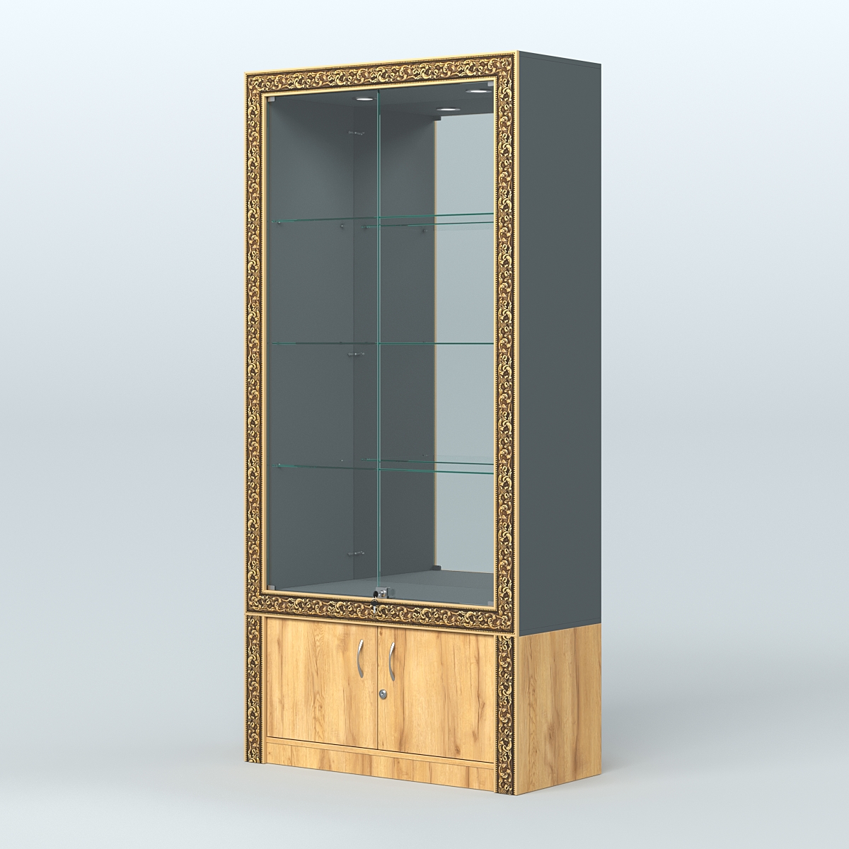 Витрина с декором и зеркалом №ВБА-3 Темно-Серый  + Дуб Золотистый