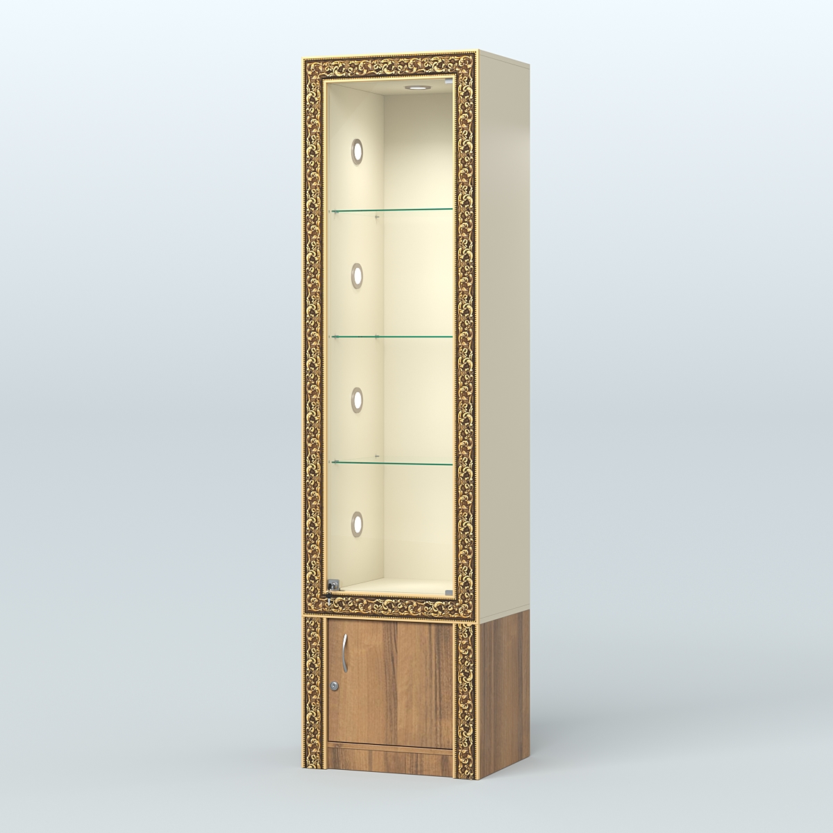 Витрина с декором и накопителем №ВБА-2С Крем Вайс + Орех