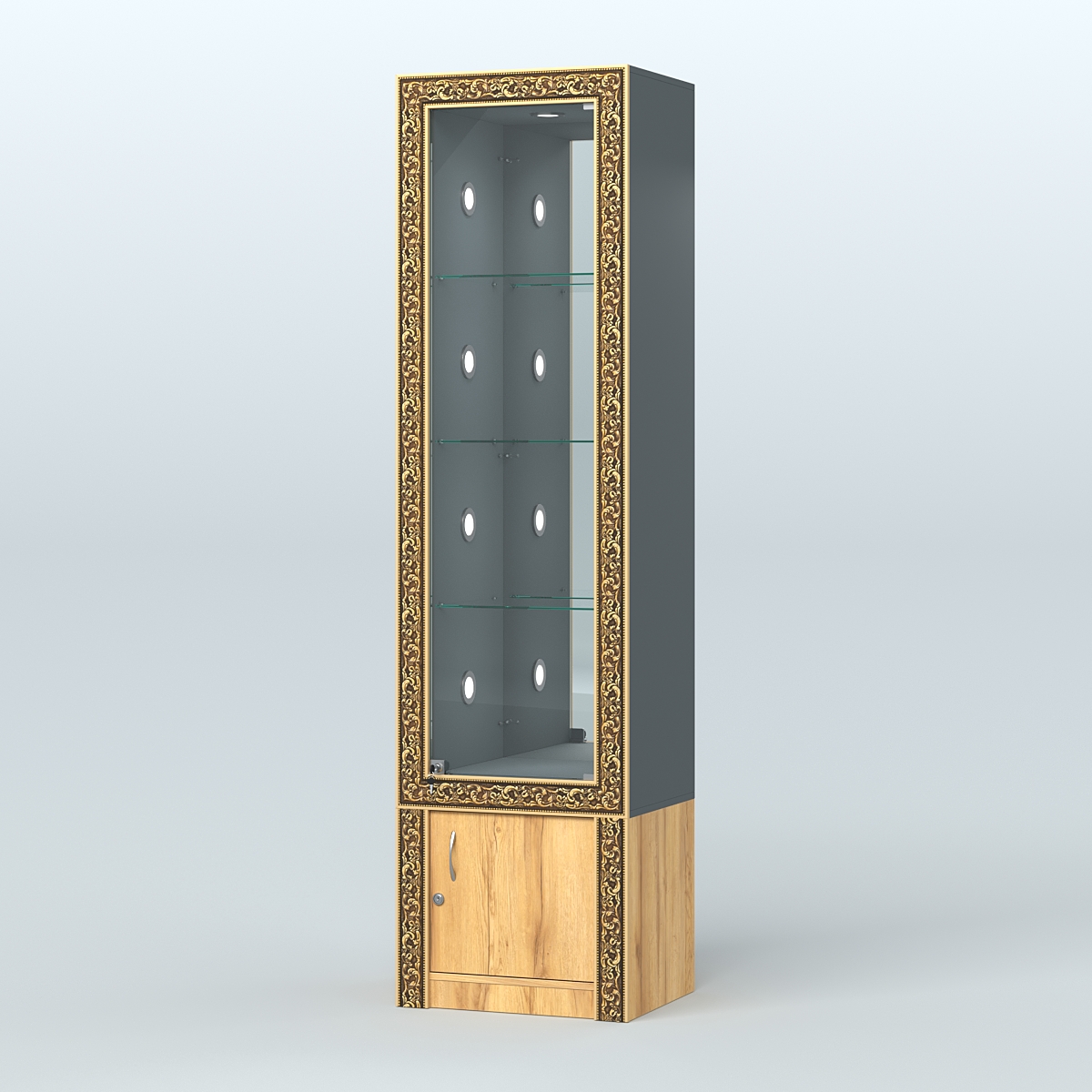 Витрина с декором и диодной подсветкой №ВБА-4С Темно-Серый  + Дуб Золотистый
