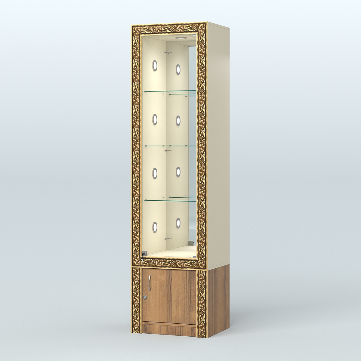 Витрина с декором и диодной подсветкой №ВБА-4С Крем Вайс + Орех