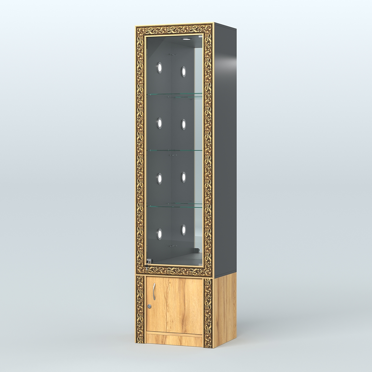 Витрина с декором и диодной подсветкой №ВБА-4С Черный и Дуб Золотистый U1148