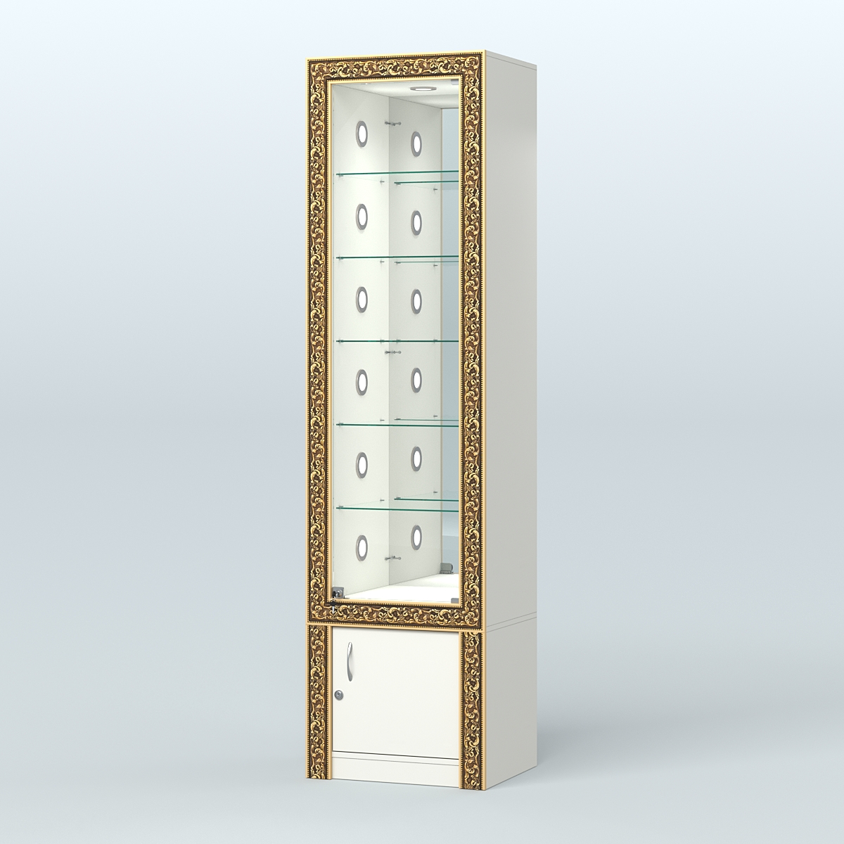 Витрина с декором и стеклянными полками №ВБА-504С Белый