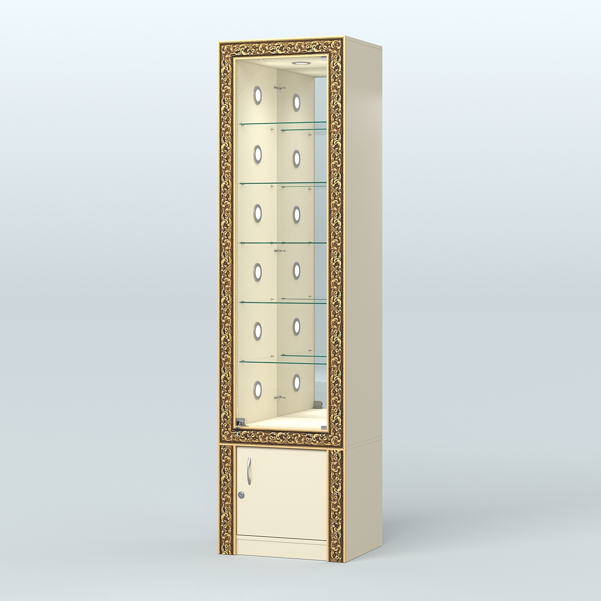 Витрина с декором и стеклянными полками №ВБА-504С Крем Вайс