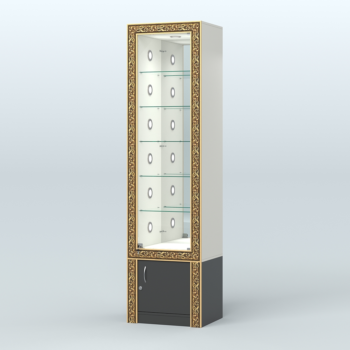 Витрина с декором и стеклянными полками №ВБА-504С Белый и Черный