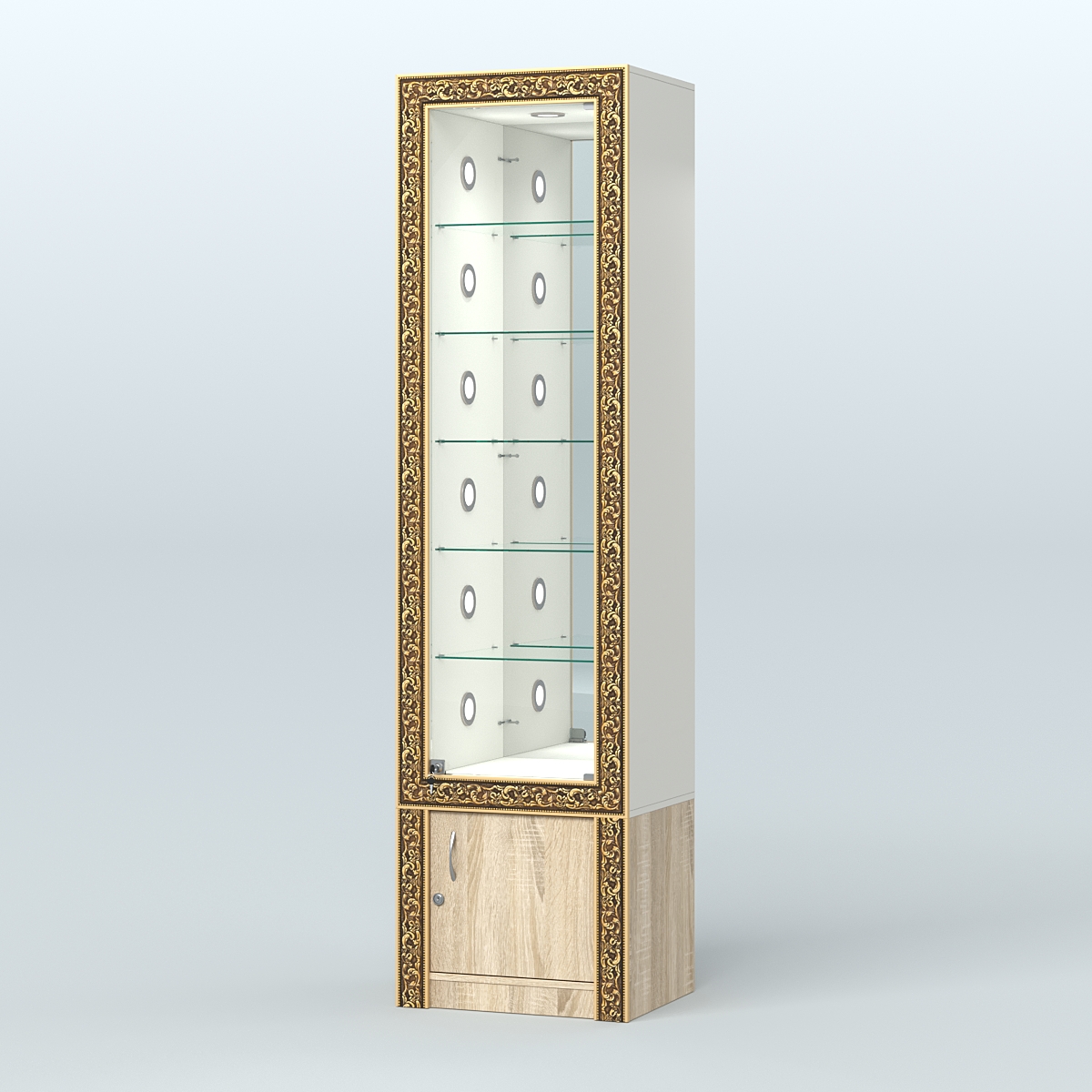 Витрина с декором и стеклянными полками №ВБА-504С Белый + Дуб Сонома