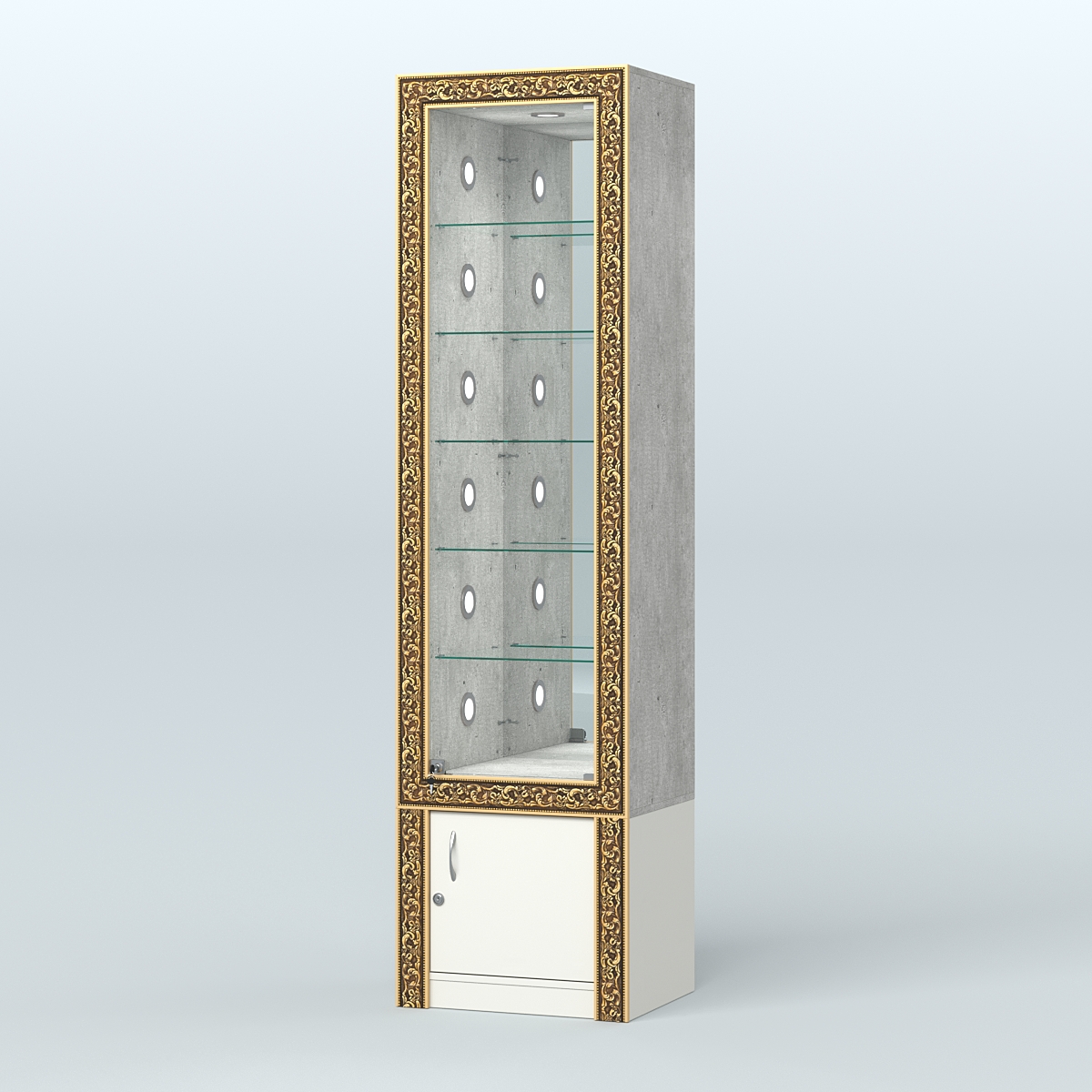 Витрина с декором и стеклянными полками №ВБА-504С Метрополитан Грей + Белый