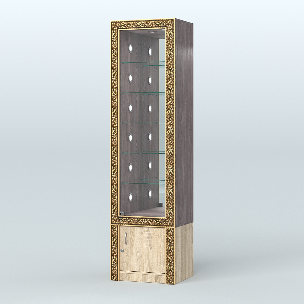 Витрина с декором и стеклянными полками №ВБА-504С Ясень Анкор темный и Дуб Сонома