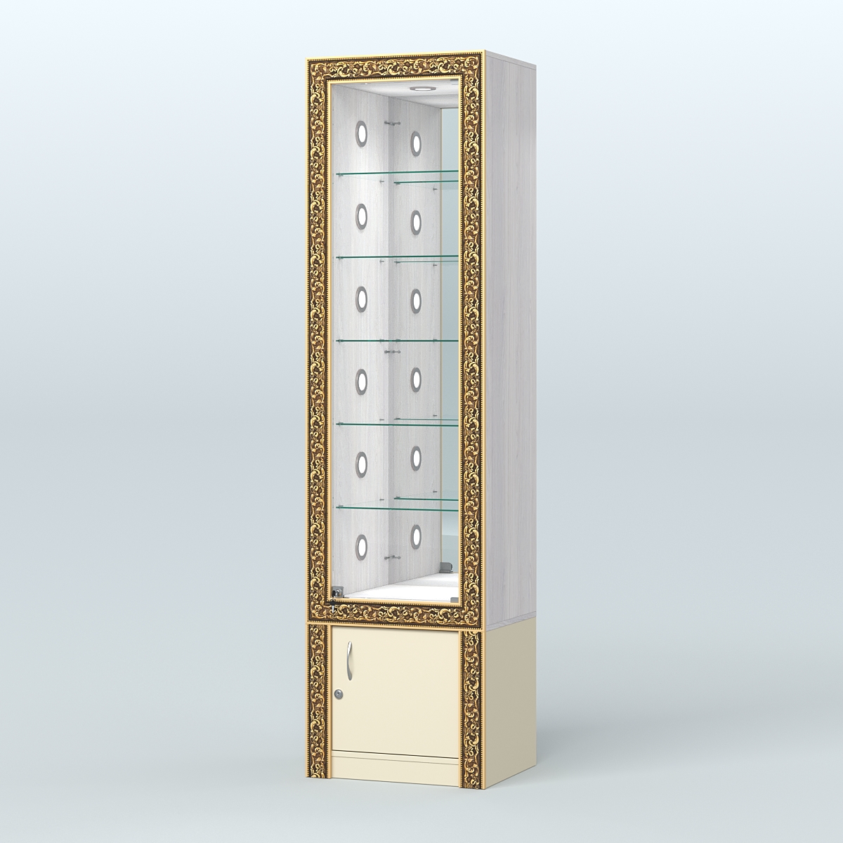 Витрина с декором и стеклянными полками №ВБА-504С Ясень Анкор светлый и Крем Вайс