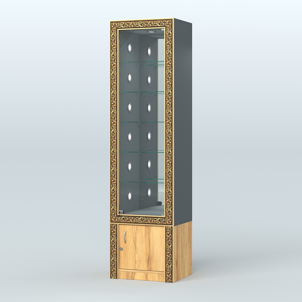 Витрина с декором и стеклянными полками №ВБА-504С Темно-Серый  + Дуб Золотистый