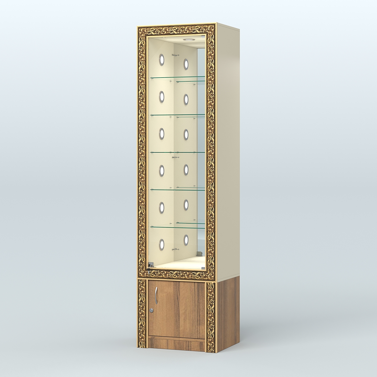 Витрина с декором и стеклянными полками №ВБА-504С Крем Вайс + Орех