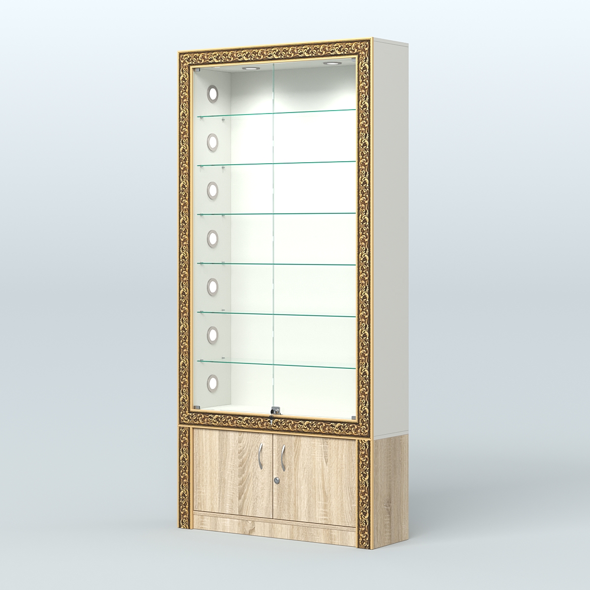 Витрина с декором и стеклянными дверками №ВБА-31С Белый + Дуб Сонома