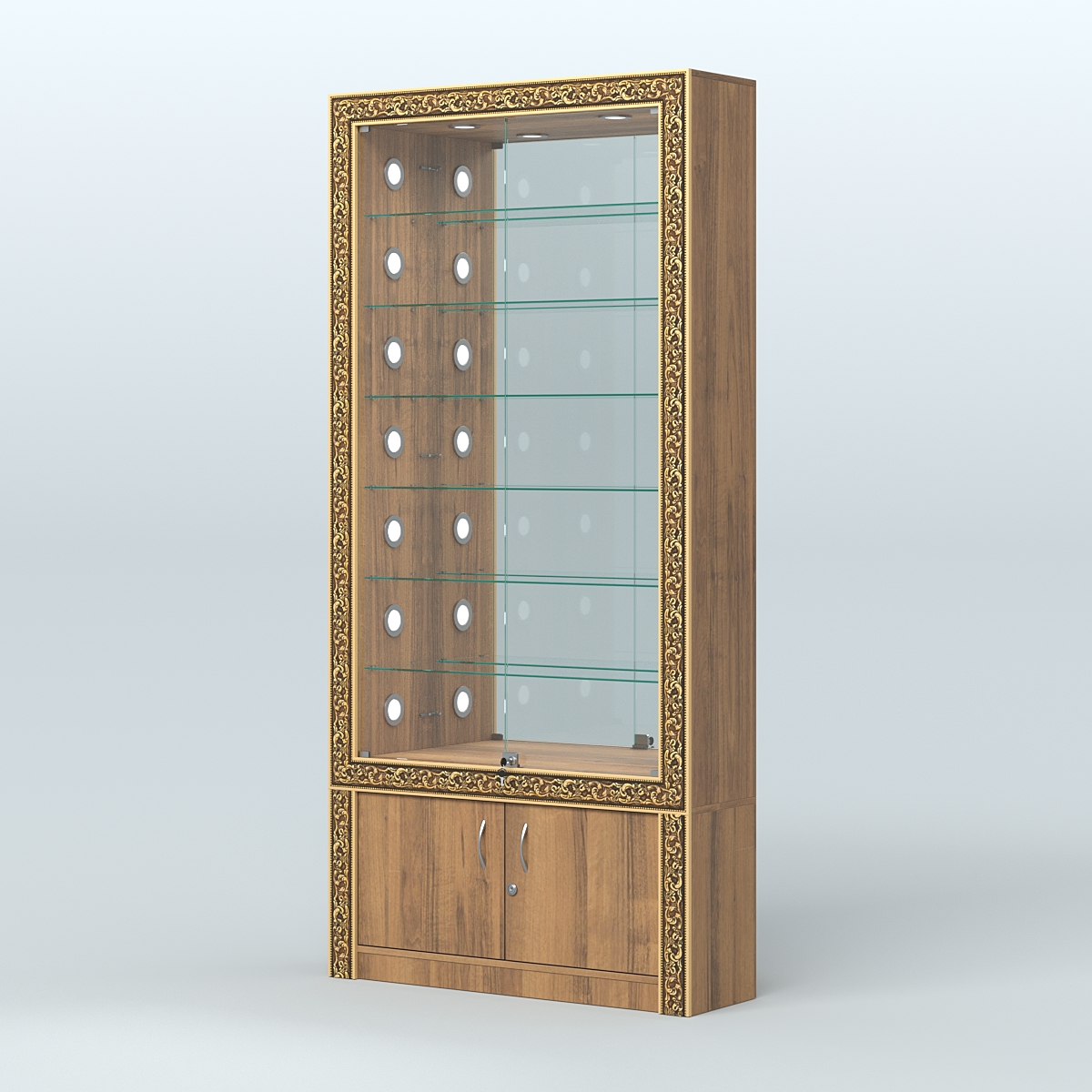 Витрина с декором и зеркальной задней стенкой №ВБА-32С Орех