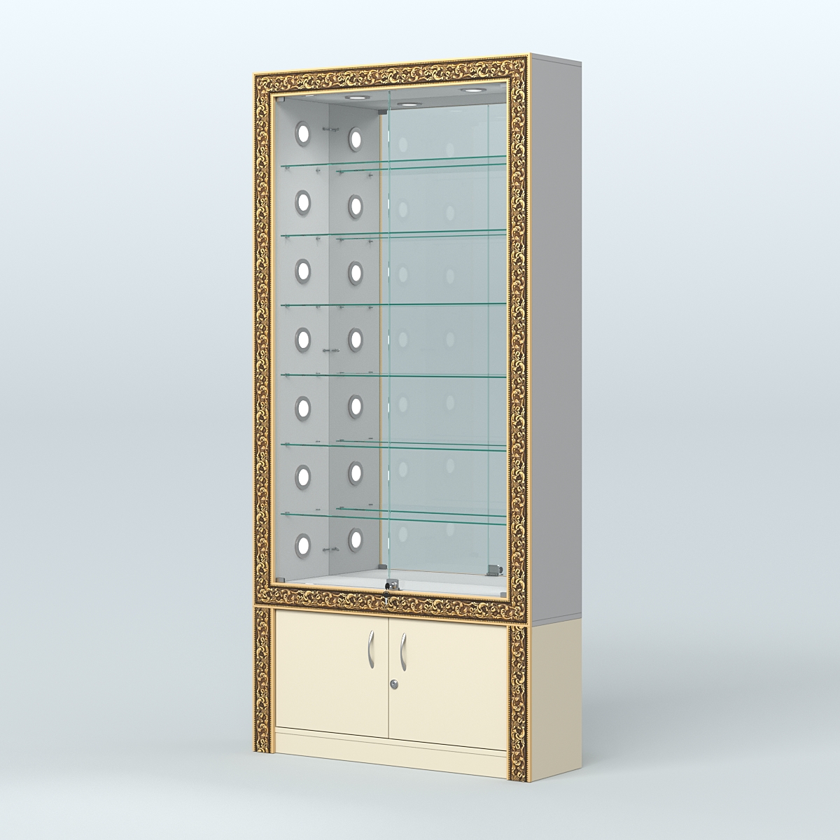 Витрина с декором и зеркальной задней стенкой №ВБА-32С Серый + Крем Вайс