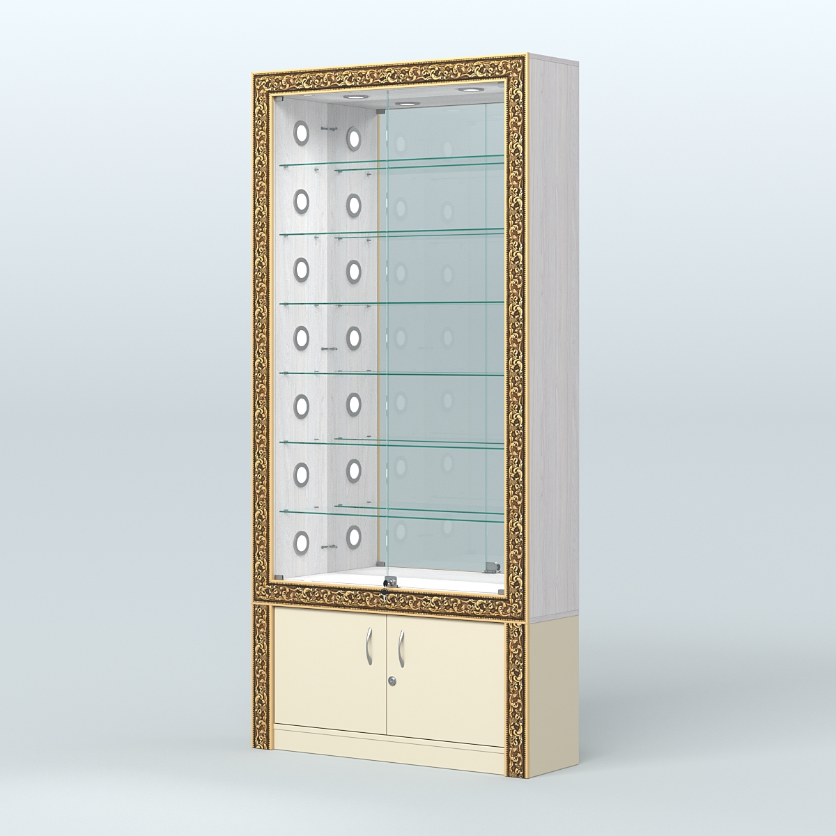 Витрина с декором и зеркальной задней стенкой №ВБА-32С Ясень Анкор светлый и Крем Вайс