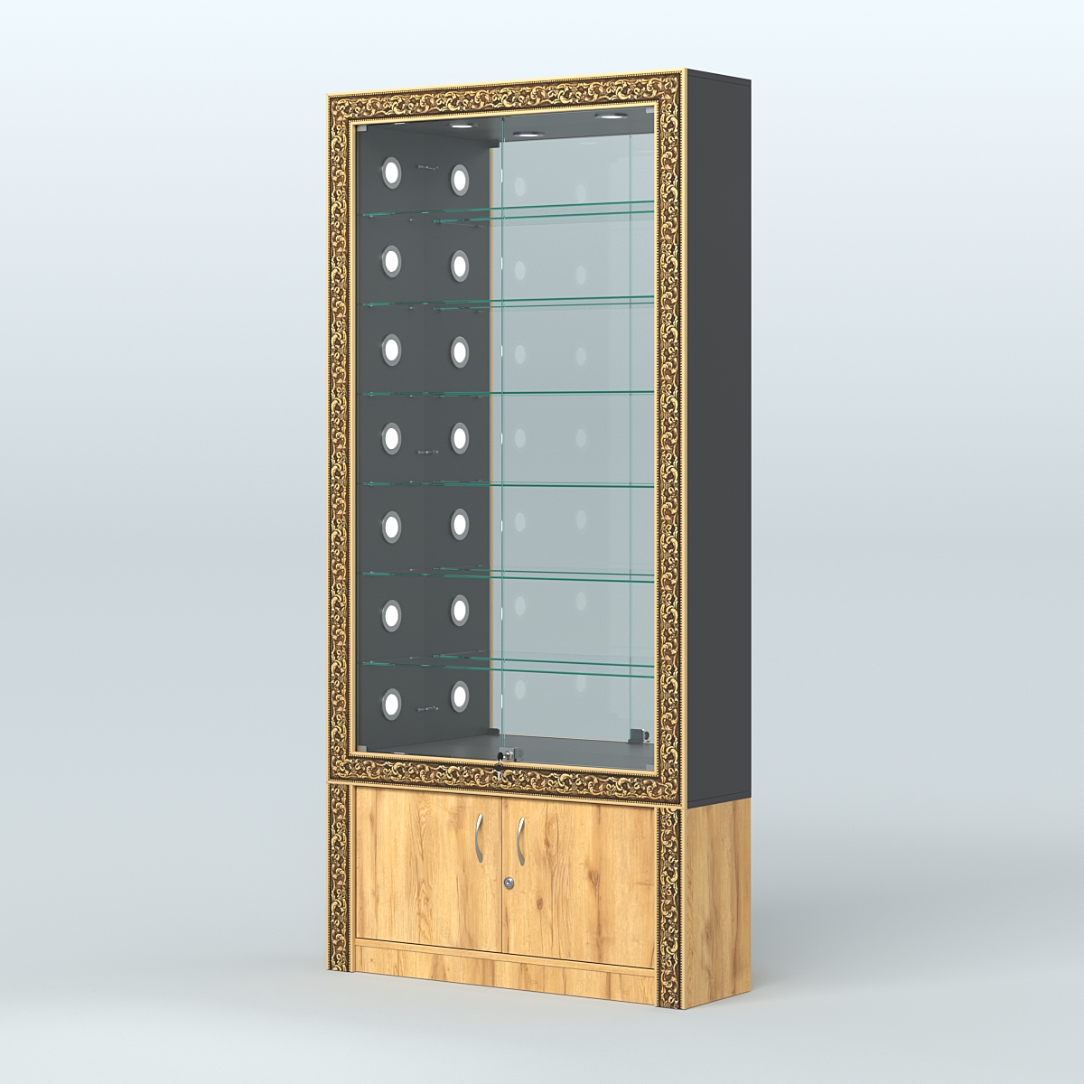 Витрина с декором и зеркальной задней стенкой №ВБА-32С Черный и Дуб Золотистый U1148