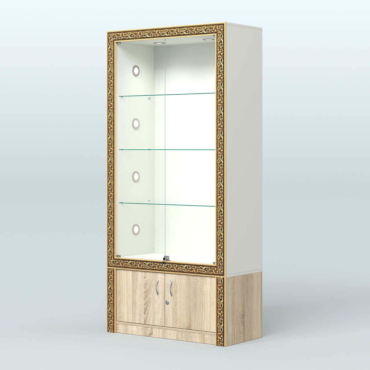 Витрина с декором и тумбой №ВБА-1С Белый + Дуб Сонома