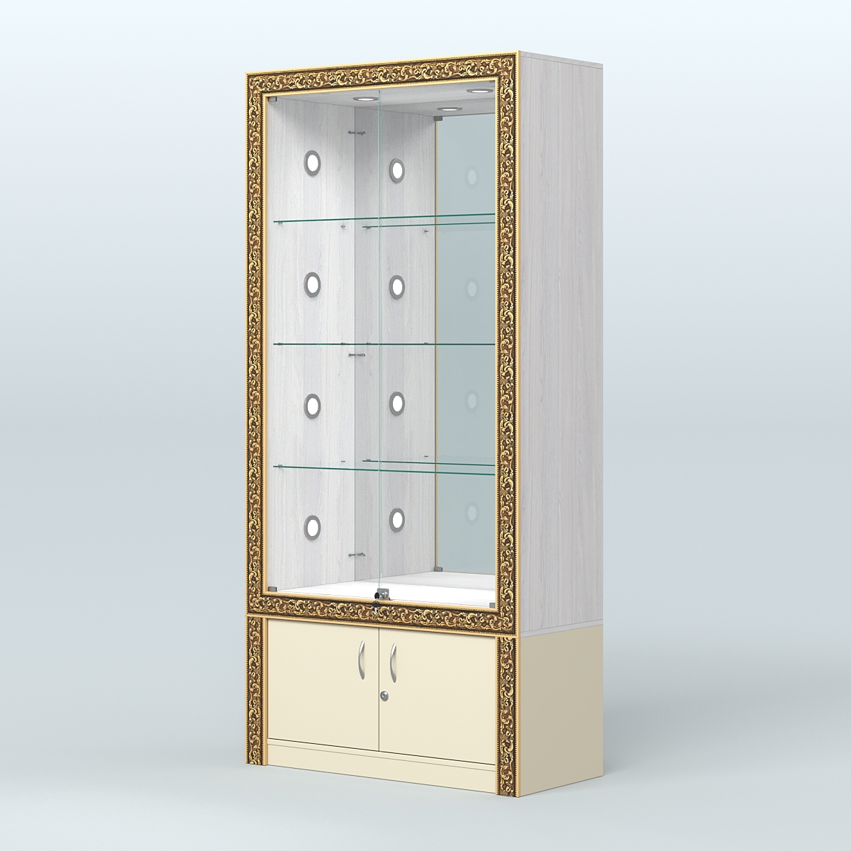 Витрина выставочная с декором №ВБА-3С Ясень Анкор светлый и Крем Вайс