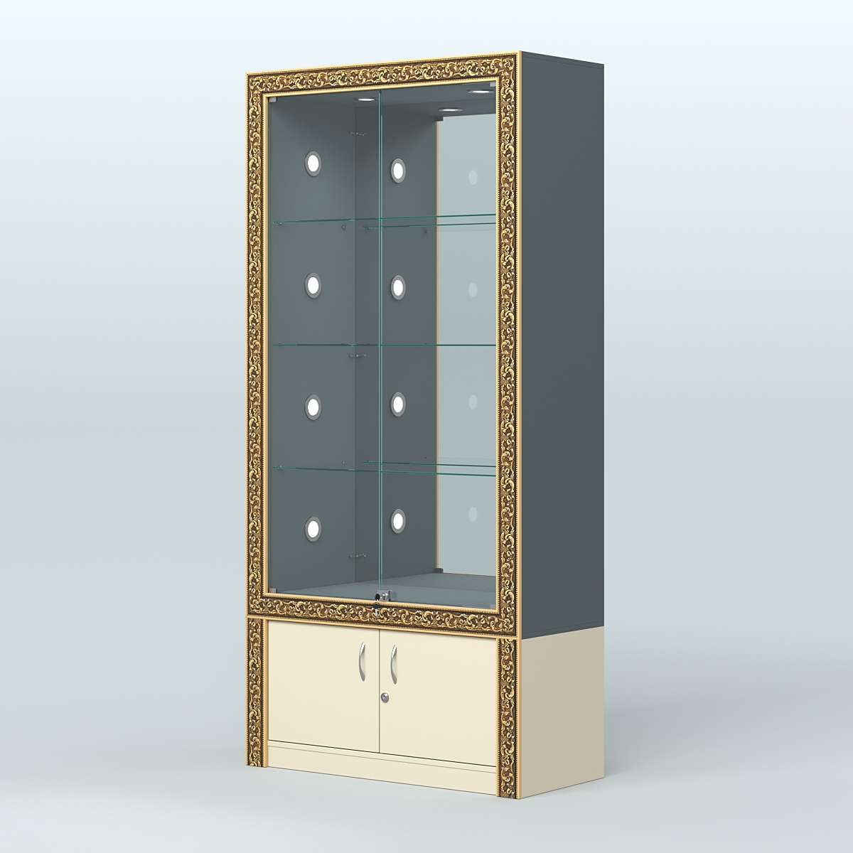 Витрина выставочная с декором №ВБА-3С Темно-серый и Крем Вайс U2601-U2236