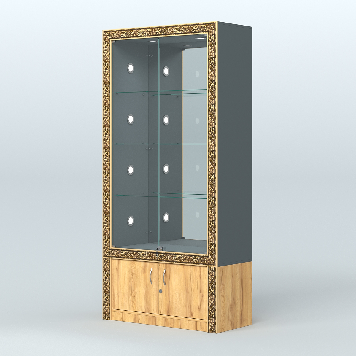 Витрина выставочная с декором №ВБА-3С Темно-Серый  + Дуб Золотистый