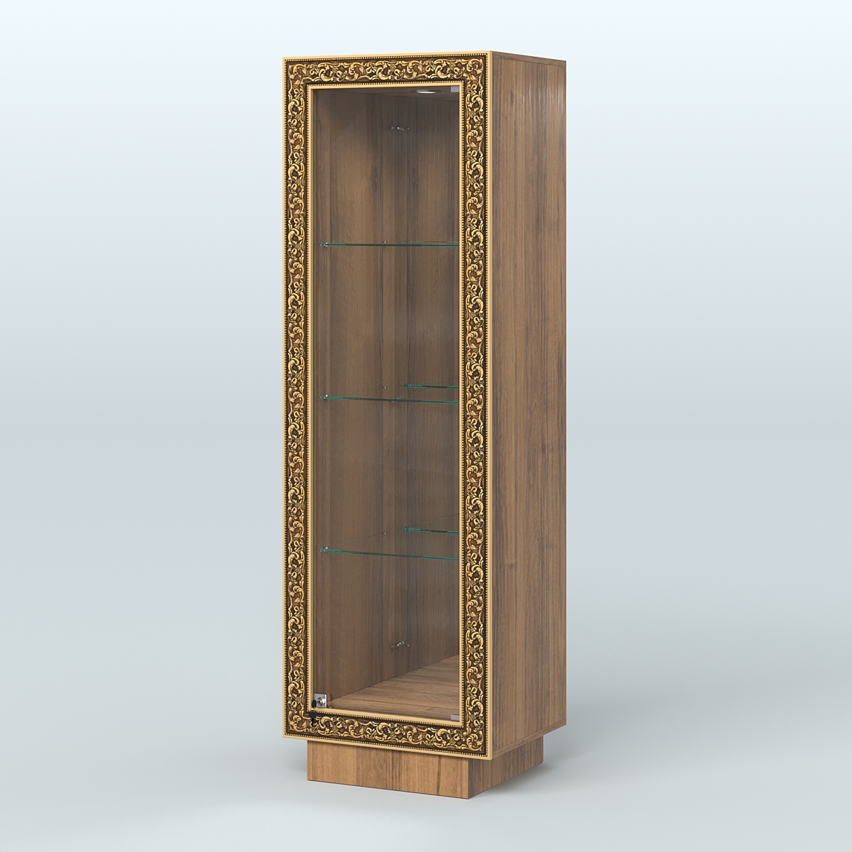 Низкая витрина с декором и тремя прозрачными полками НБА-3 Орех