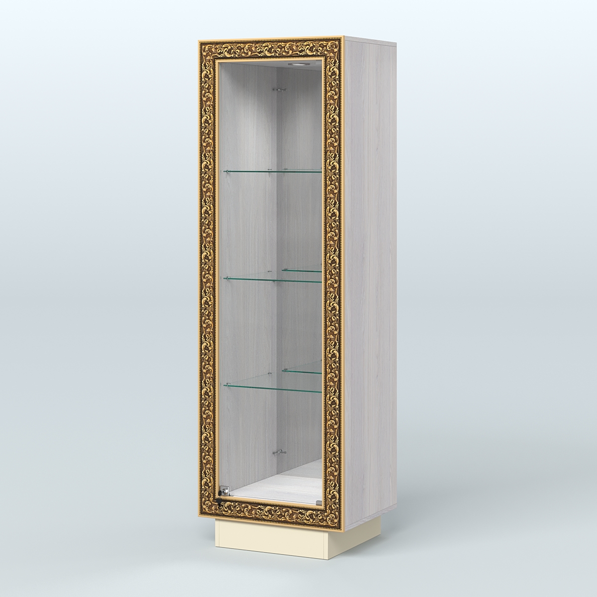 Низкая витрина с декором и тремя прозрачными полками НБА-3 Ясень Анкор светлый и Крем Вайс