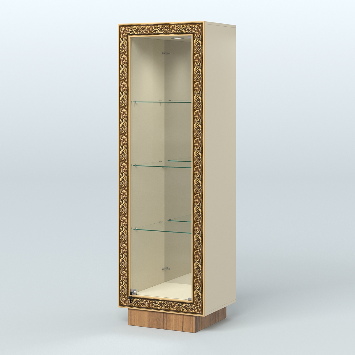 Низкая витрина с декором и тремя прозрачными полками НБА-3 Крем Вайс + Орех