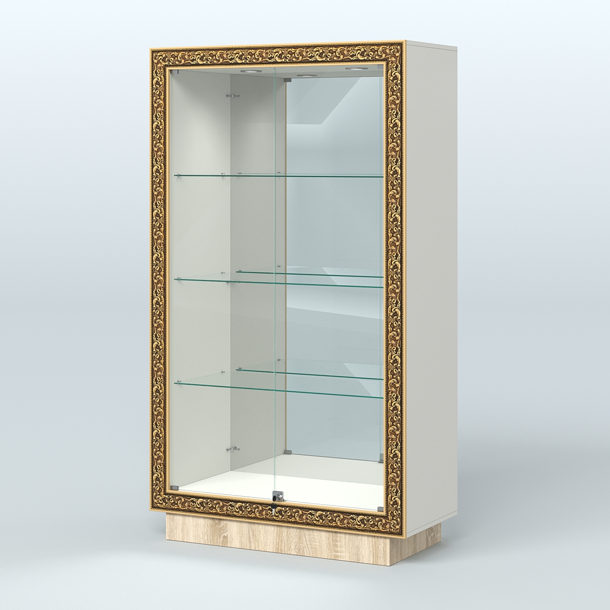Низкая зеркальная витрина с декором НБА-7 Белый + Дуб Сонома