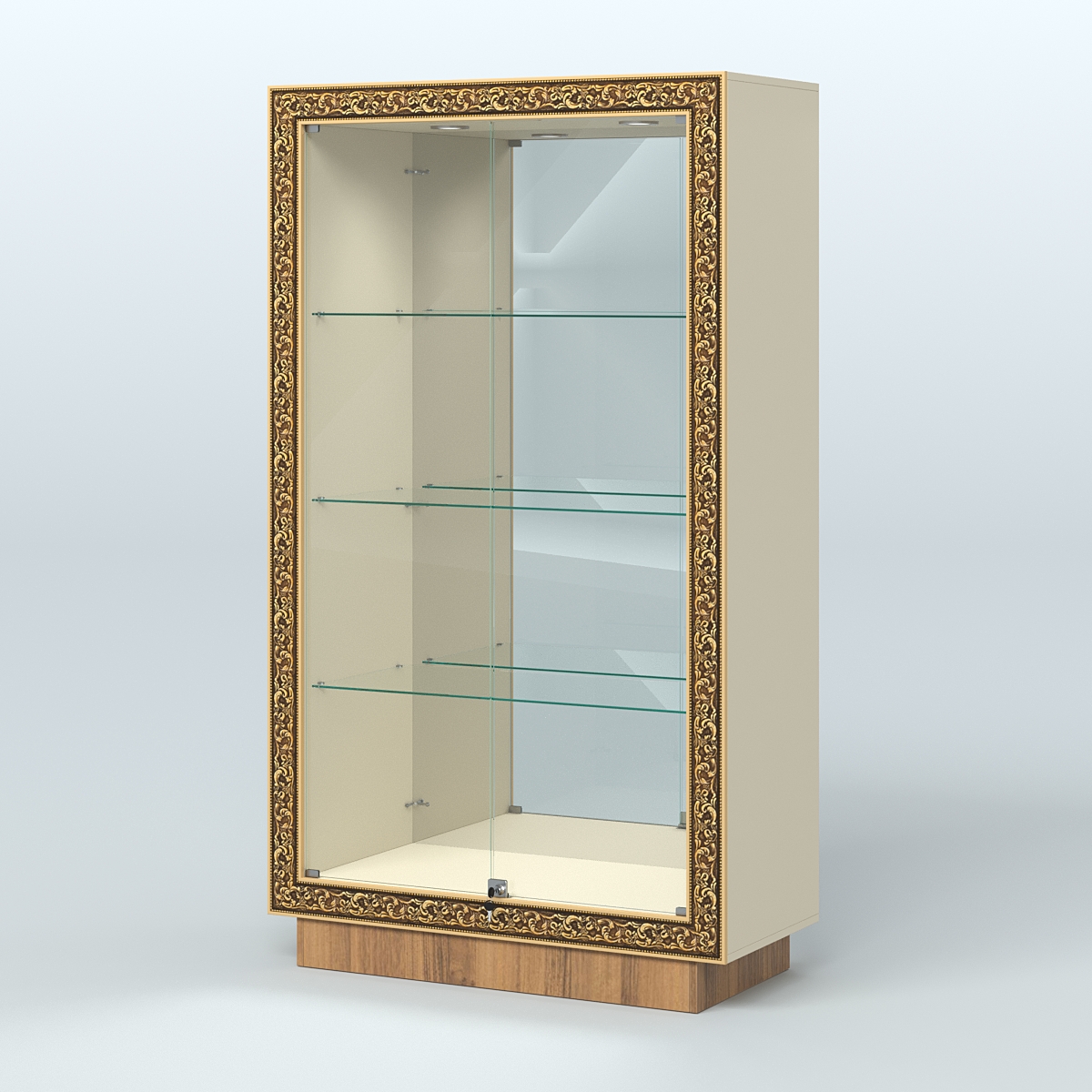Низкая зеркальная витрина с декором НБА-7 Крем Вайс + Орех
