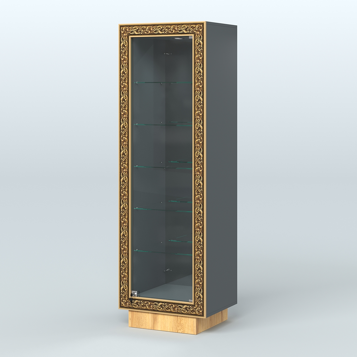 Низкая витрина с декором и пятью прозрачными полками НБА-503 Темно-Серый  + Дуб Золотистый