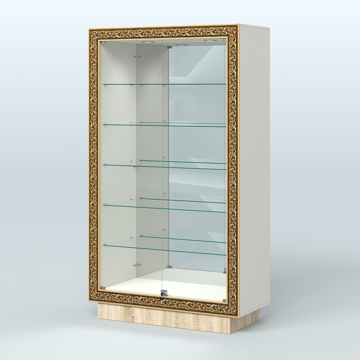 Низкая витрина с декором и задней зеркальной стенкой НБА-507 Белый + Дуб Сонома