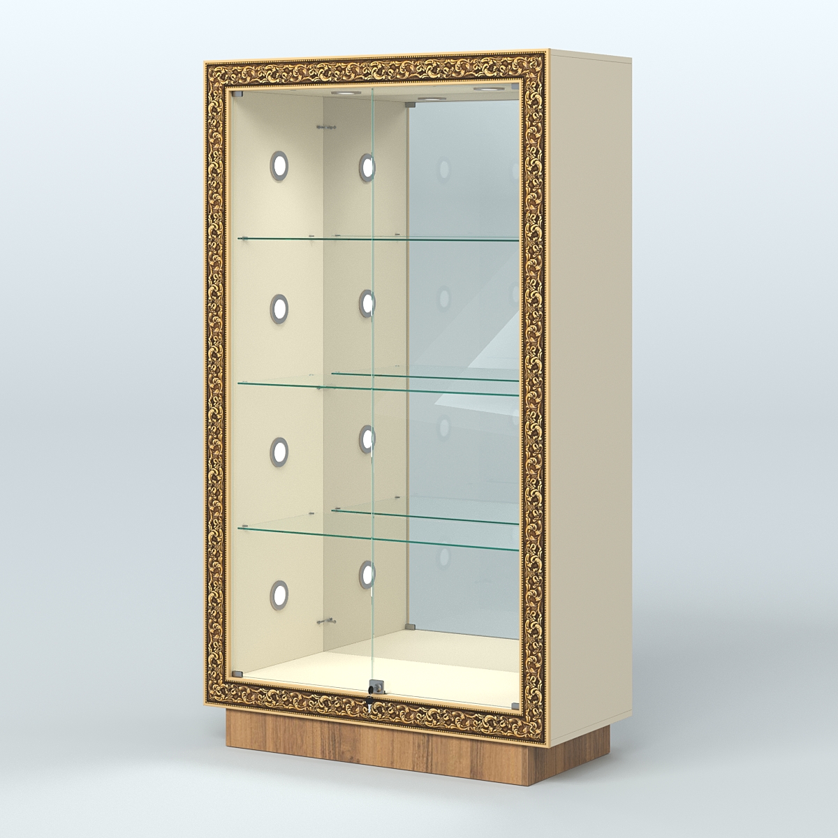 Низкая выставочная витрина с декором НБА-7С Крем Вайс + Орех