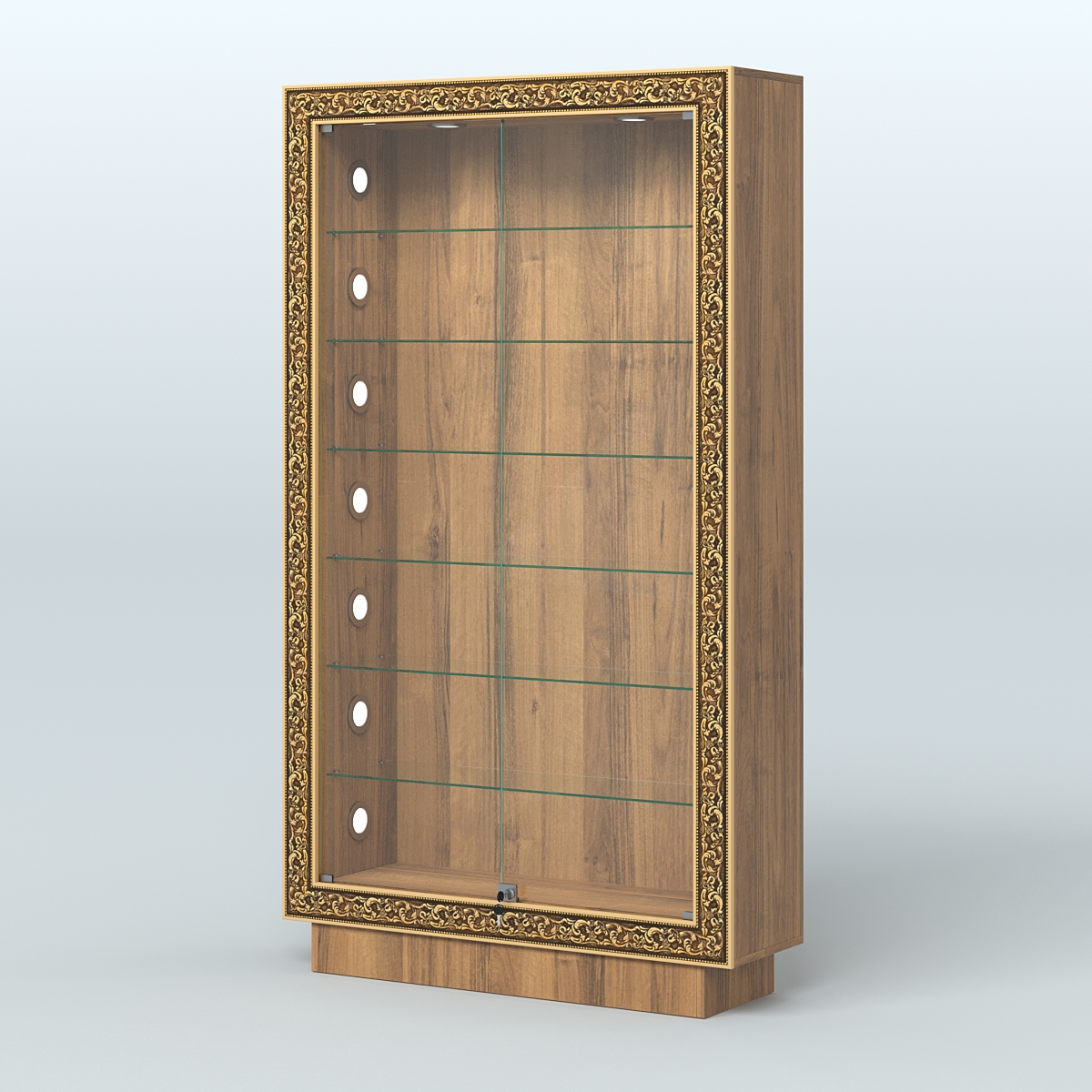 Низкая витрина с декором и шестью прозрачными полками НБА-9С Орех